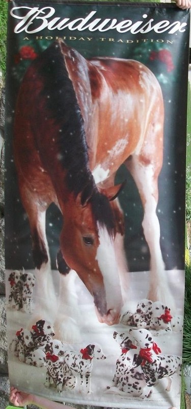 2001 2-SIDED BUDWEISER CLYDESDALE & DALMATIANS HOLIDAY BANNER - 70" X 32"