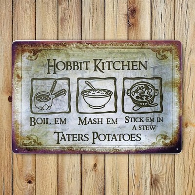 Hobbit Kitchen 'Boil Em Mash Em' Retro Metal Sign Lord of the Rings Fan Decor