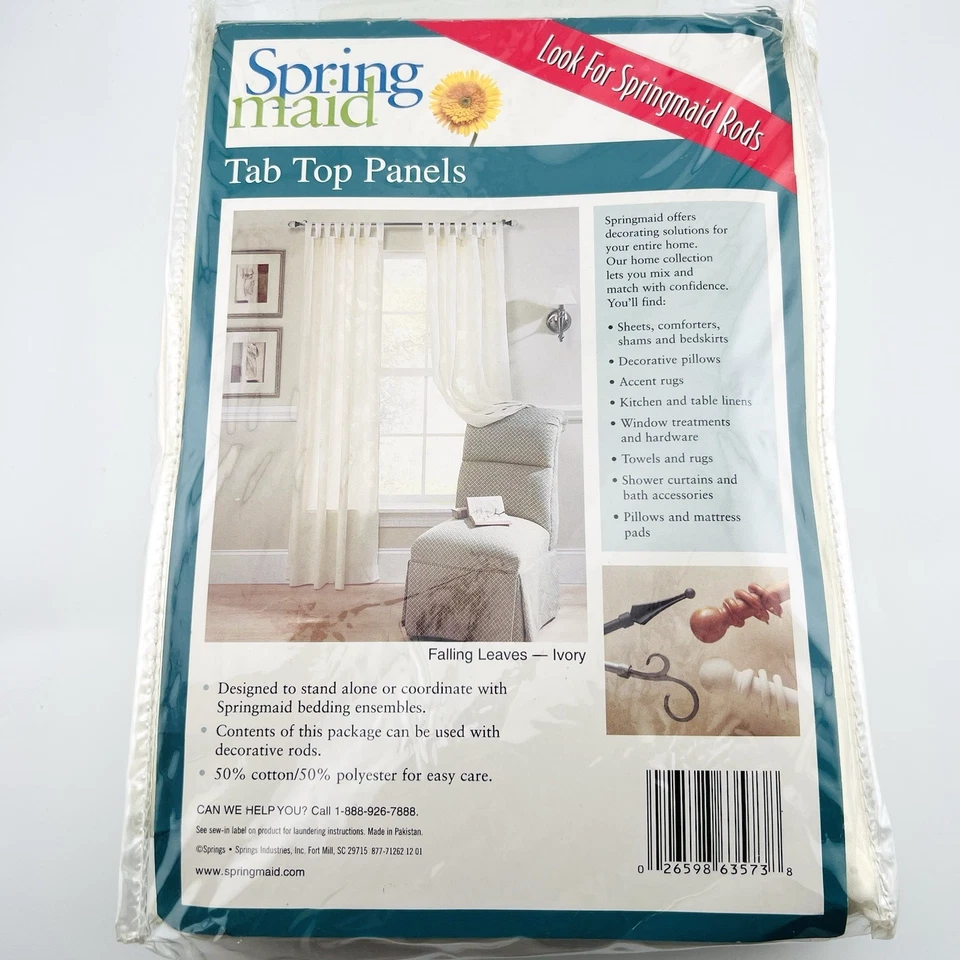 Spring Maid Curtains Retro Tab Top Two Panel Falling Leaves Ivory New Vintage - Image 2 of 3