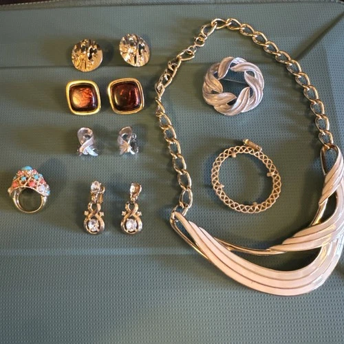 Trifari LOT-ALL SIGNED TRIFARI-8 Pieces gold tone necklace, brooch, earrings