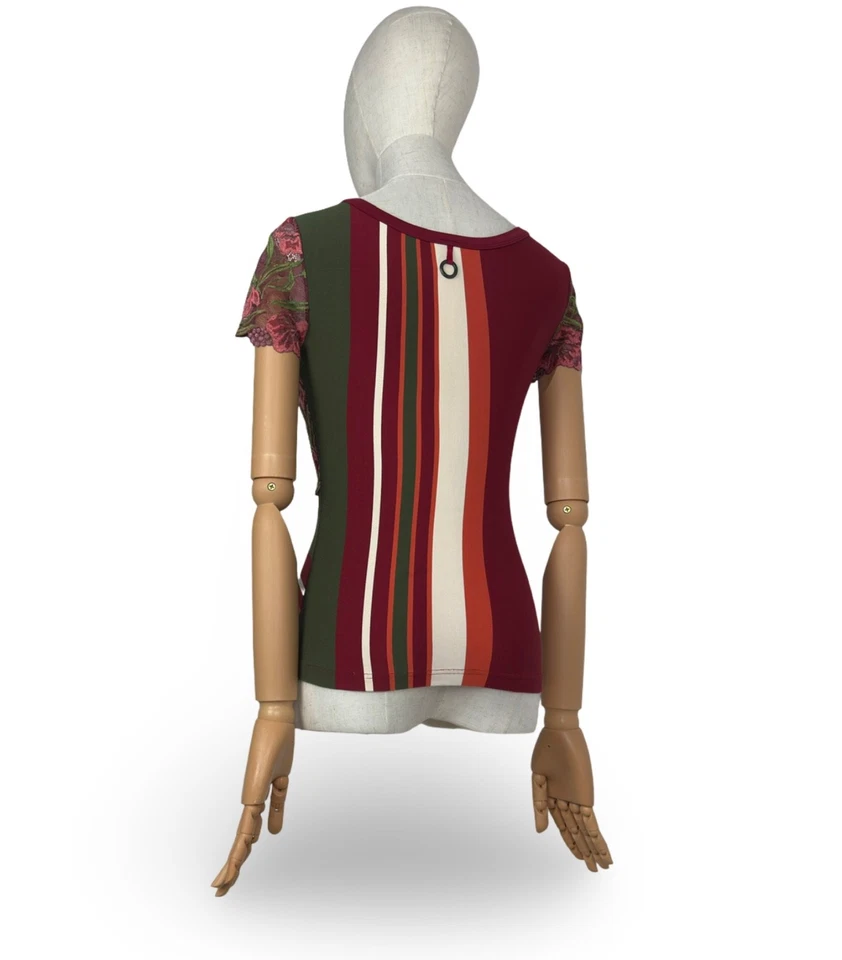 Save The Queen Striped T Shirt Lace Floral Top Size S - Image 2 of 4