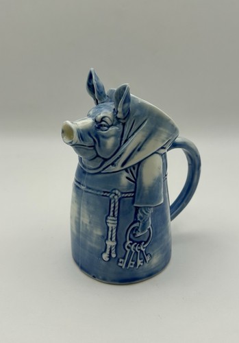 Schafer & Vater Pig Friar Holding Keys Porcelain Pitcher With Blue Glaze Germany