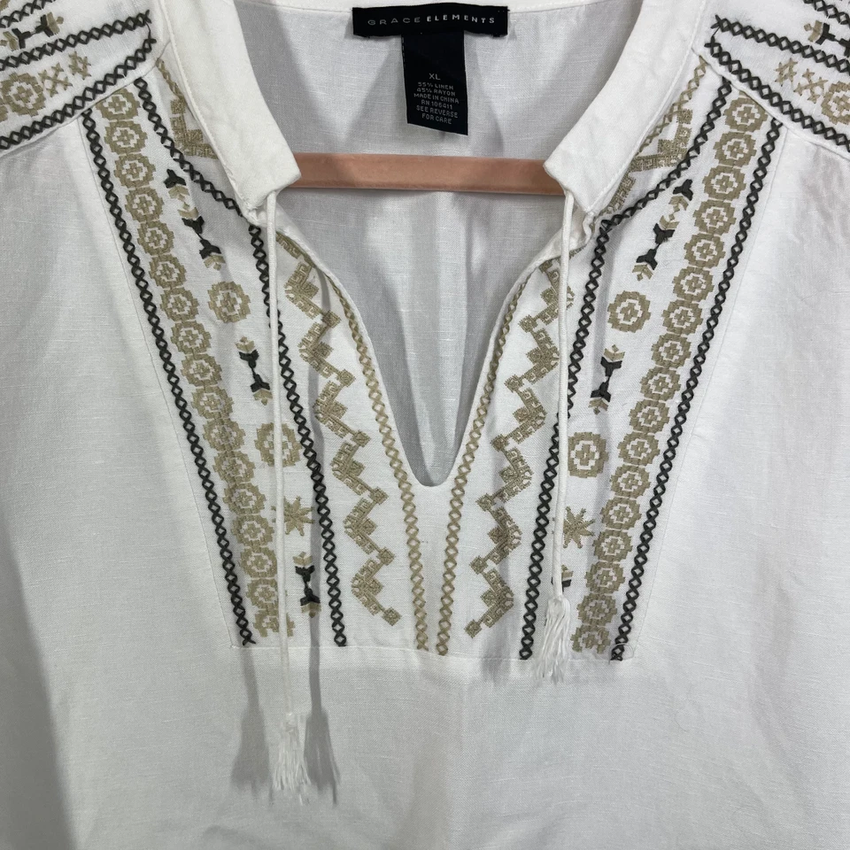 Túnica Grace Elements Mujer XL Lino Bordado Lagenlook Vacaciones Costero Top Foto 4 de 4