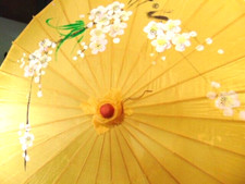 older, child size hand painted silk and wood parasol umbrella