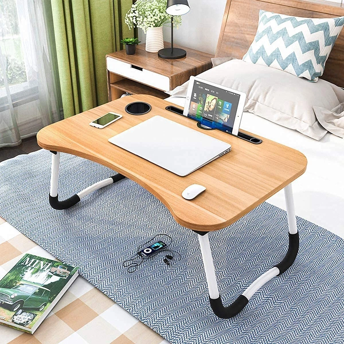 Foldable Laptop Table with Cup Holder Study Table Rounded Edges Non Slip Wood
