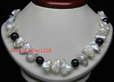 Natural White Biwa Pearl with AAA Round Black Pearl Necklace 18 Natural White Biwa Pearl with AAA Round Black Pearl Necklace 18