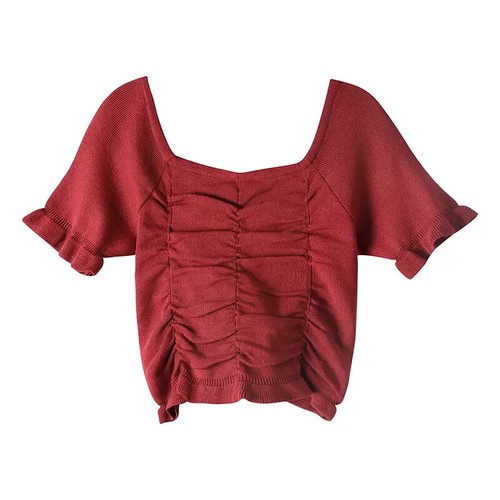 Damen Strick bauchfreies Oberteil quadratischer Kragen Hemd Bluse koreanische schmale Passform Clubwear - Bild 2 von 17