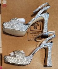 Nina Women s Angella silver satin crystal block-heel platform stiletto, size 10M