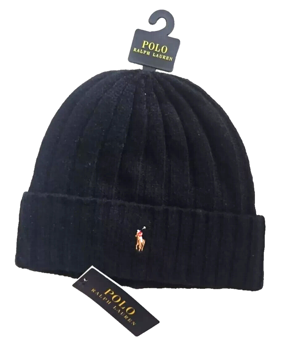 Cappello uomo Polo Ralph Lauren nuovo con etichette misto lana pony costina maglia berretto nero OS