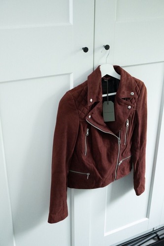 Brand New All Saints Catch Suede Biker Jacket Cherry Oak Red size UK 8 US 4 EU36 - Picture 2 of 3
