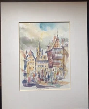Watercolour Mischtechnik Church Tower Old Mart Unreadable Signed Timbered House