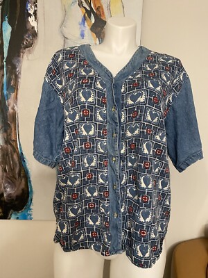 Quizz New York Womens Plus 22 Denim Hearts & Red Squares Short Sleeve Button Up