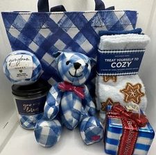 Bath & Body Works Blue Gingham Ornament~Bear~Candle~Socks~Bomb~Bag Set of 6 Gift