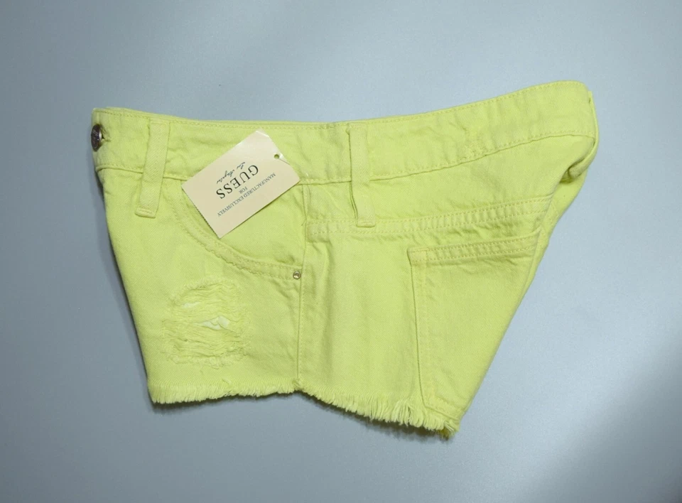 Pantalones cortos de mezclilla rasgados no elásticos de tiro bajo GUESS para mujer - verde limón talla 29 Foto 4 de 4
