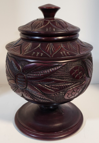 Vtg Large Carved Hawaiian Lidded Wood Pedestal Jar/ Bowl Fish Pineapple Floral - 第 1/20 張圖片