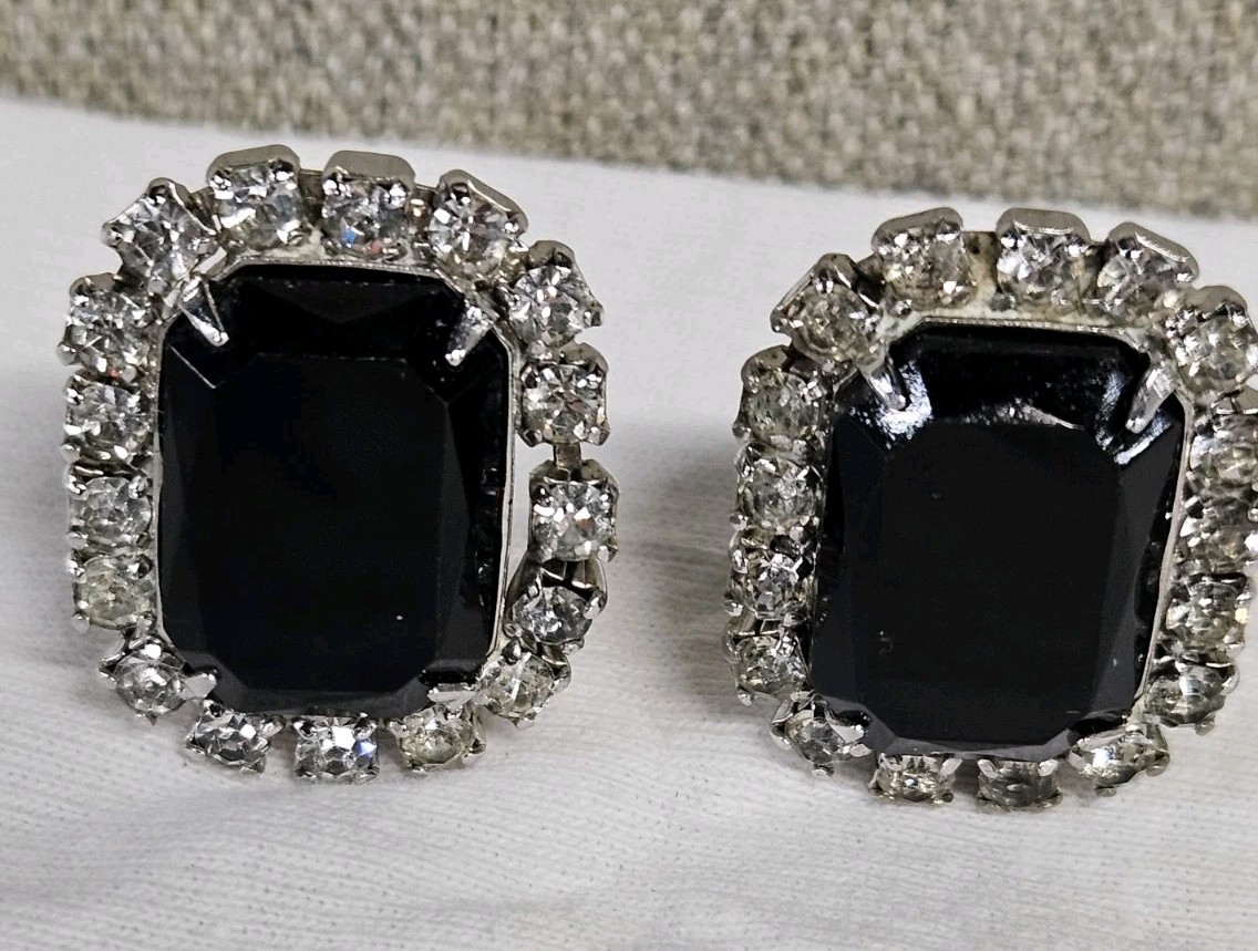 Vintage Black Clear Rhinestone Rectangular Clip O… - image 1