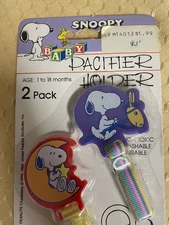New NOS Vintage Peanuts Snoopy Baby Pacifier Holder 2pc Set Boy Girl by Danara