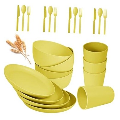 24pcs Wheat Straw Dinnerware Sets, Wheat Straw Plates and Bowls Sets for Yellow