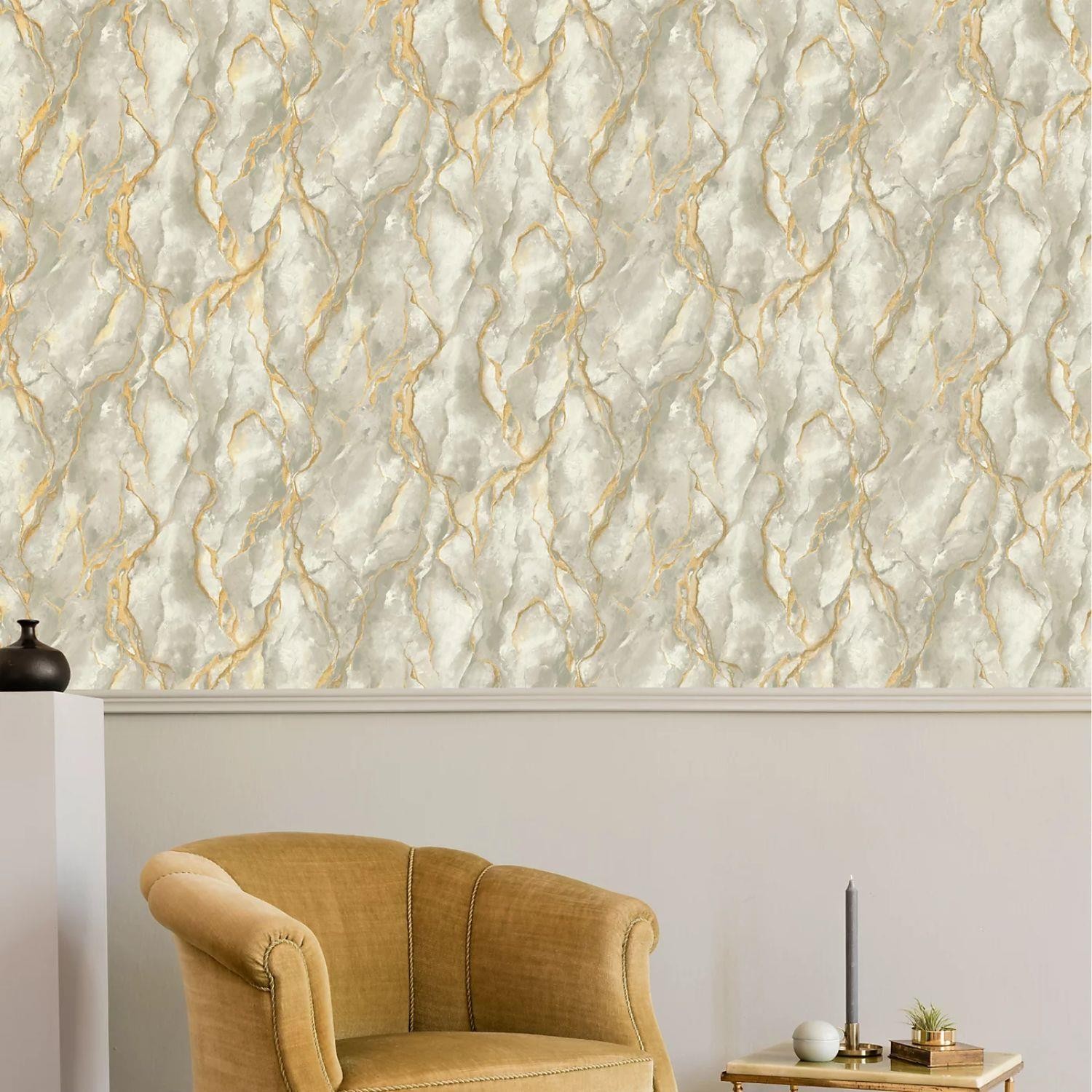 B&Q -  Vasari Pandora Grey & Gold Marble Wallpaper 400129 - Image 3