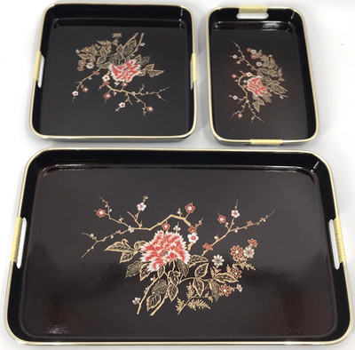 Japanese Lacquerware Tray Set 3pc Floral Black Red Gold Decor - New-Open Box
