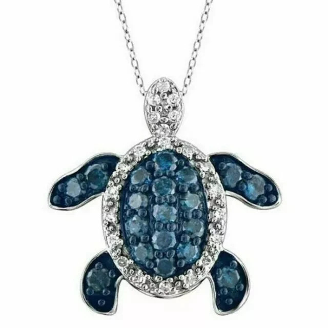 2.00Ct Round Cut Lab-Created Blue Diamond Turtle Pendant 14K White Gold Plated