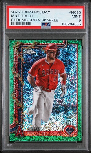 2025 TOPPS HOLIDAY CHROME-GREEN SPARKLE #HC50 MIKE TROUT 16/99 PSA 9
