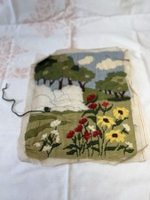 Vintage Needlepoint Canvas Landscape Waterfall Wildflowers Partial Wool Project