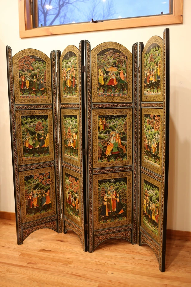 Pantalla plegable vintage de madera india de 4 paneles divisor de habitación Señor Krishna y gopias Foto 3 de 4