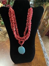 Red Coral &  Turquoise Drop Necklace,  Southwest ,19 inches 