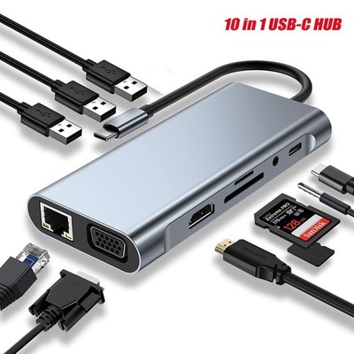 USB-C Hub 10-IN-1 Adapter 4K HDMI USB 3.0 LAN RJ45 Ethernet Micro SD Kartenleser