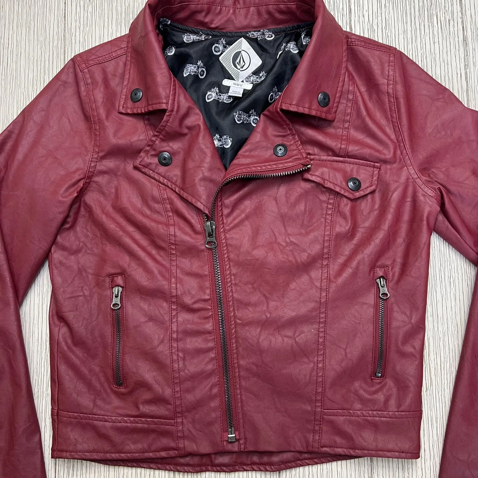 Volcom Motorcycle Jacket Womens Medium Burgundy Faux Leather Moto Biker B131301 - Image 2 of 4