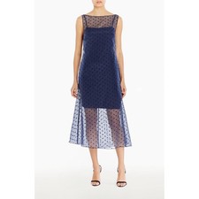 Amanda Uprichard Minata Polka Dot Midi Dress Women L Navy Sheer Overlay Cocktail