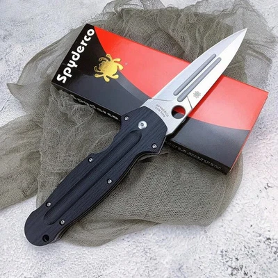 Spyderco Folding Knife Silver Steel Blade G-10 Handle w/ Box