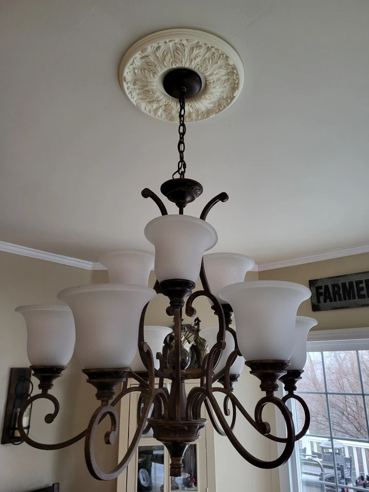 Two Tier 9 light Chandlier complete with Frosted Globes - Image 2 of 4