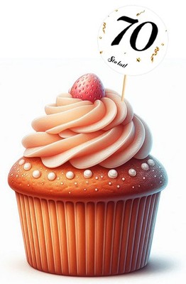 Topper zum 70. Geburtstag, weißer Hintergrund, schwarze Schrift, 6 Stück.