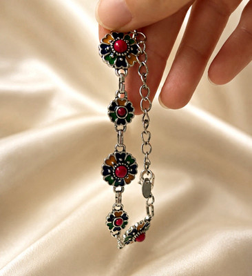 Silver Beaded Floral Link Bracelet Multicolour Boho Hippy Statement Gifts
