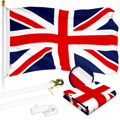 G128 6 Ft Flagpole (White) & United Kingdom UK Flag 3x5 Ft Embroidered 300D Poly