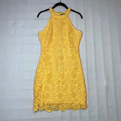 Lulus Bodycon Dress sz S Yellow Lace High Neck Lined Spring Summer Romantic