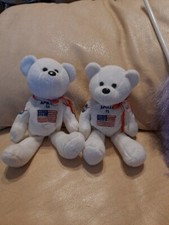 2 EA.NASA Beanie Bears - Treasure Champs - USA Apollo 11 30th America Flag- Whte