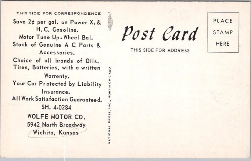  cartão postal publicitário carros novos e usados década de 1950 wichita kansas 