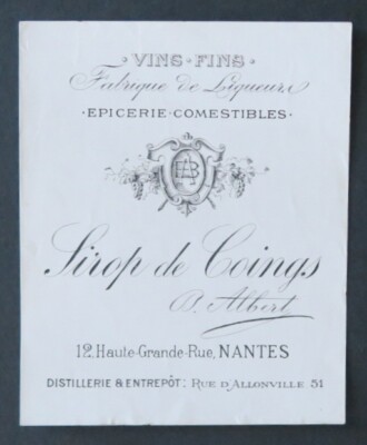 Altes Etikett SIROP DE COINGS Lebensmittelgeschäft ALBERT NANTES Quince old label