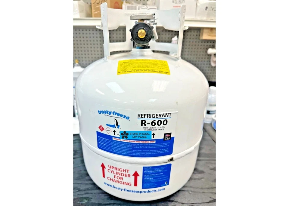 FROSTY-FREEZE R600a, Isobutane, 7.5 Lb. Can, Factory Sealed, Cylinder, On/Off Valve 1/4"MF