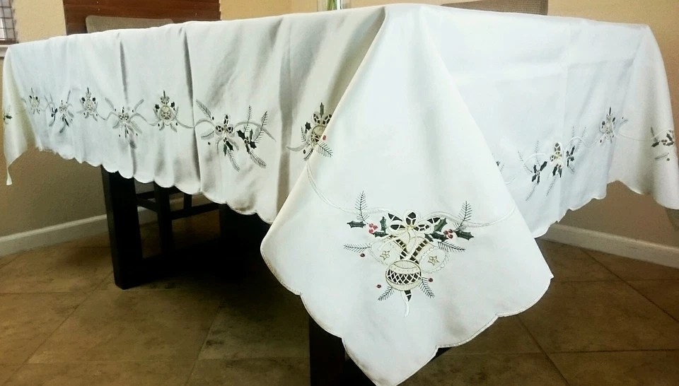 54x72" Embroidery Cutwork Christmas Embroidered Tablecloth Napkins Elegantlinen - Image 3 of 4