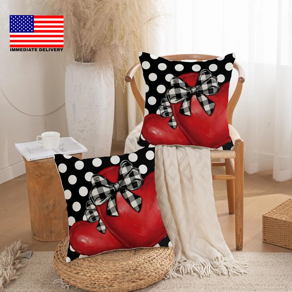 Valentine Pillow Covers 18X18 Inch Set of 2 Buffalo Plaid Polka Dots Red Heart P - Image 4 of 4