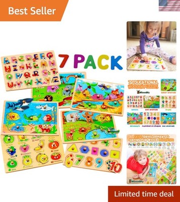 Portable 7 Pack Wooden Puzzles - Engaging Learning for Ages 2-5 in Travel Size
