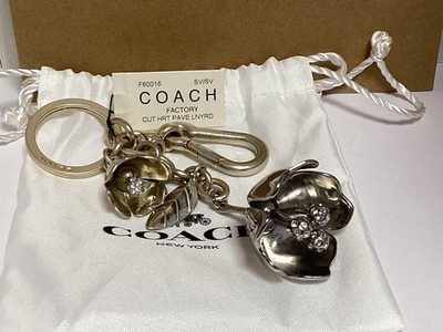 Coach F60016 Tea Rose Flower Silver Metal Key Chain Silver Tone Rhinestone Charm