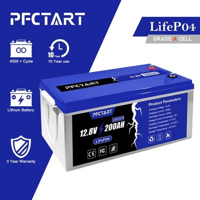 PFCTART 12V 200Ah LiFePO4 Deep Cycle Lithium Battery for RV Solar System Marine