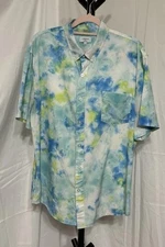 Cabana By Crown & Ivy L, Tie Dye Blue Yellow Green Short Sleeve Button Up Shirt