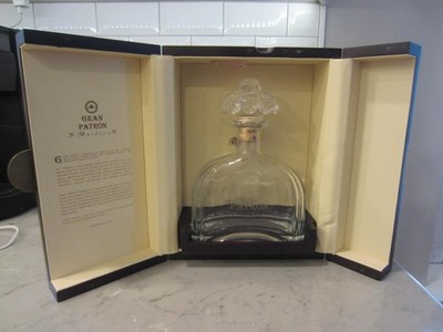 Gran Patron Burdeos Wooden Box and Empty Glass Bottle Anejo Tequila