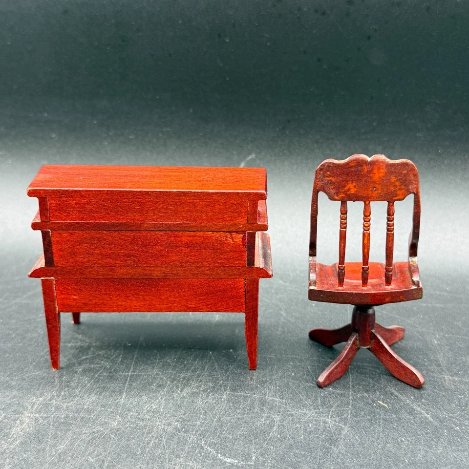 Juego de escritorio y silla giratoria vintage con tapa enrollable de madera miniatura para casa de muñecas escala 1:12 Foto 4 de 4